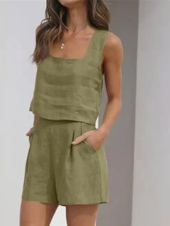 Women's Loungewear Sets Pure Color Simple Casual Comfort Street Daily Date Cotton And Linen Breathable Square Neck Sleeveless Shorts Pocket Summer Spring Black White -Ladies Pajamas Store yvxlgh1681730707803