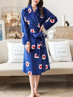 Women's Pajamas Robe Robes Gown Animal Warm Fashion Casual Home Daily Bed Flannel Warm Breathable V Wire Long Sleeve Robe Top Pocket Belt Included Fall Winter Dark Blue -Ladies Pajamas Store ywaafv1693467419759