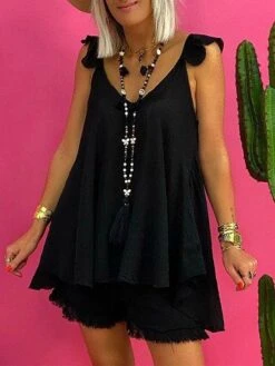 Women's Loungewear Sets Pure Color Basic Fashion Comfort Street Date Vacation Cotton Breathable Straps Sleeveless Strap Top Shorts Backless Spring Summer Black White -Ladies Pajamas Store ywzavj1676007057709