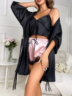 Women's Pajamas Sets 3 Pieces Pure Color Simple Casual Soft Home Daily Bed Polyester Breathable V Wire Long Sleeve Elastic Waist Spring Summer Black -Ladies Pajamas Store yyqiot1676281773907
