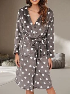 Women's Flannel Robes Gown Dot Simple Casual Comfort Home Daily Bed Breathable V Wire Long Sleeve Pocket Fall Winter Gray