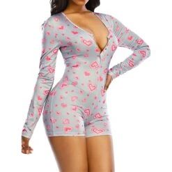 Women's Onesie Pajamas Heart Letter Hot Casual Comfort Home Daily BedBreathable V Wire Long Sleeve Button Fall Winter Pink Red -Ladies Pajamas Store zaulds1694164385132