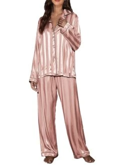 Women's Pajamas Sets Long Sleeve Top And Pant Sets Stripe Fashion Casual Comfort Home Daily Bed Satin Breathable Square Neck Long Sleeve Shirt Pant Button Pocket Summer Spring Light Pink Champagne