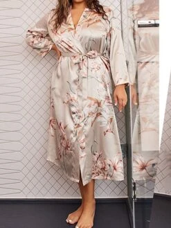 Women's Plus Size Pajamas Robe Bathrobe Silk Robe Flower Fashion Casual Comfort Home Daily Bed Satin Breathable V Wire Long Sleeve Fall Winter Khaki -Ladies Pajamas Store zcuhxy1694164479702