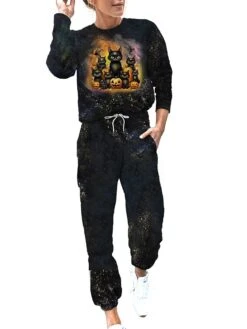 Women's Tracksuits Cat Dog Sport Simple Comfort Home Daily Polyester Crew Neck Long Pant Fall Winter Lake Blue Black -Ladies Pajamas Store zdiuht1692703990954