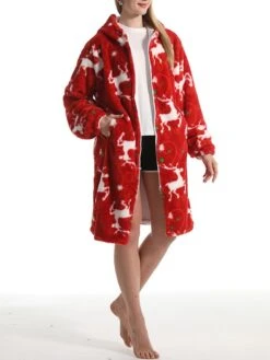 Women's Hoodie Zip Up Robe Elk Plush Casual Comfort Xmas Home Christmas Daily Flannel Warm Breathable Hoodie Long Sleeve Pocket Fall Winter Red