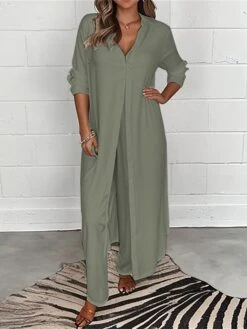 Women's Plus Size Loungewear Sets 2 Pieces Pure Color Fashion Casual Comfort Street Daily Date Spandex Breathable Lapel Long Sleeve Pant Summer Spring White Green -Ladies Pajamas Store zevlfy1685344075253