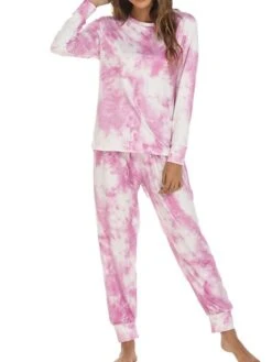 Women's Loungewear Sets Nighty 2 Pieces Tie Dye Comfort Home Daily Polyester Crew Neck Long Sleeve Pant Fall Spring Blue Pink -Ladies Pajamas Store zeyaez1660039851422