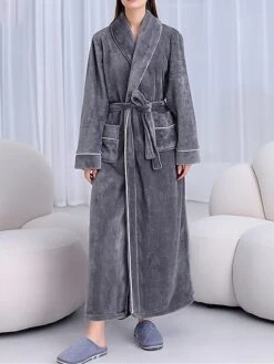 Couple‘s Flannel Bathrobe Pajamas Patchwork Warm Simple Plush Home Bed Warm Breathable V Wire Long Sleeve Pocket Fall Winter -Ladies Pajamas Store zfgpzj1696232033341