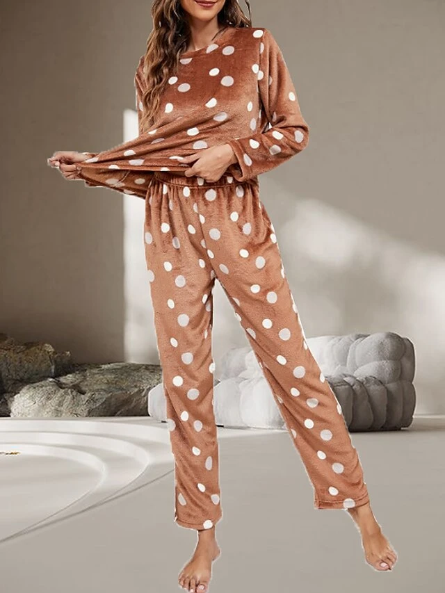 Women's Flannel Pajamas Sets Top And Pant Sets Dot Fashion Casual Soft Home Daily Bed Flannel Warm Breathable Crew Neck Long Sleeve Pant Fall Winter Brown 5 Women's Flannel Pajamas Sets Top And Pant Sets Dot Fashion Casual Soft Home Daily Bed Flannel Warm Breathable Crew Neck Long Sleeve Pant Fall Winter Brown - Image 3