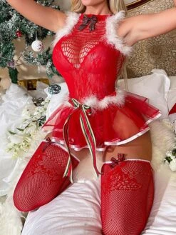 Women's Christmas Sexy Lingerie Xmas Patchwork Sexy Uniforms Lovers Hot Polyester Breathable Crew Neck Sleeveless Backless Feather Summer Spring Red -Ladies Pajamas Store zgakna1696232006798