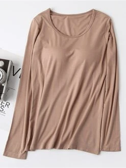 Women's Pink Pajama Top With Chest Pads Loungewear Top Pure Color Fashion Casual Comfort Street Daily Bed Modal Breathable Crew Neck Long Sleeve Fall Winter Black White -Ladies Pajamas Store zhdfwl1697699925571