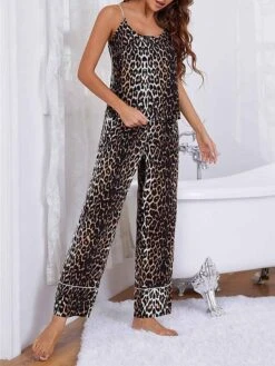 Women's Pajamas Pajama Top And Pant Sets Leopard Fashion Casual Soft Home Daily Bed Rayon Breathable Straps Sleeveless Strap Top Pant Summer Spring Brown -Ladies Pajamas Store zimrll1680597768520