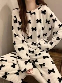 Women's Fleece Coral Pajamas Sets Cartoon Fruit Fashion Plush Casual Home Daily Bed Coral Breathable Crew Neck Long Sleeve Pant Summer Fall Lotus Pink Black -Ladies Pajamas Store zinfqh1697103813930