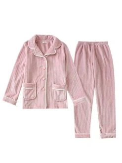 Women's Pajamas Sets Pure Color Warm Casual Soft Home Daily Bed Polyester Breathable Lapel Long Sleeve Shirt Pant Button Pocket Fall Winter Pink