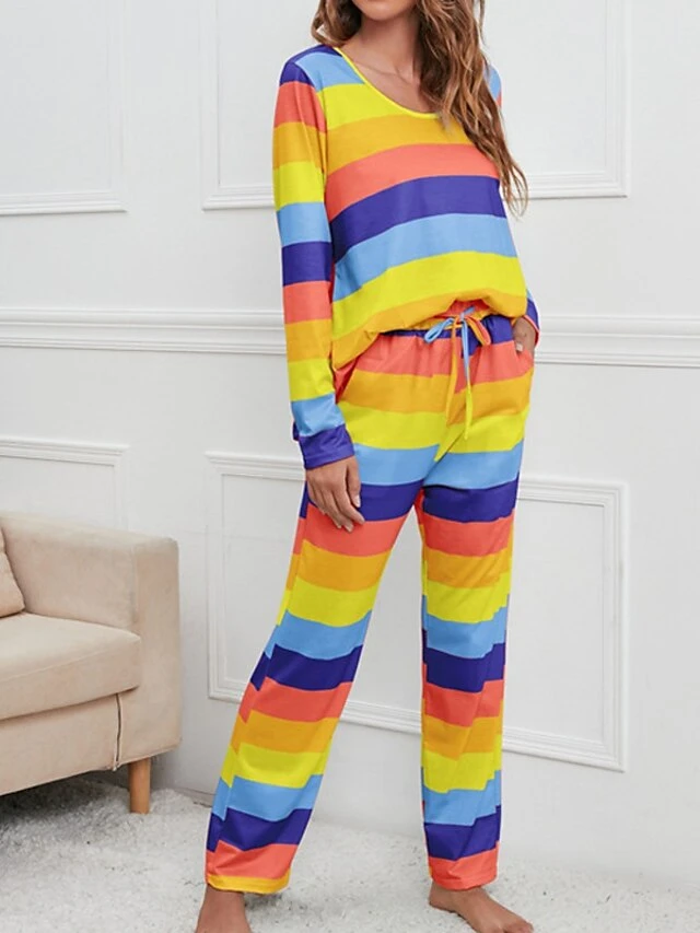 Women's Pajamas Nighty Pjs Sets 2 Pieces Rainbow Stripe Fashion Comfort Soft Home Daily Bed Cotton Breathable V Wire Long Sleeve T Shirt Tee Pant Spring Fall Yellow Blue 16 Women's Pajamas Nighty Pjs Sets 2 Pieces Rainbow Stripe Fashion Comfort Soft Home Daily Bed Cotton Breathable V Wire Long Sleeve T Shirt Tee Pant Spring Fall Yellow Blue - Image 14