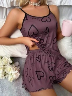 Women's Pajamas Pajama Top And Pant Sets Heart Fashion Casual Soft Home Daily Bed Polyester Breathable Straps Sleeveless Strap Top Shorts Summer Spring Red Purple -Ladies Pajamas Store zjugvi1680601257406