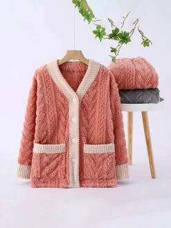 Women's Loungewear Sets 2 Pieces Pure Color Warm Fashion Simple Home Jacquard Fleece Comfort Warm V Wire Pant Button Pocket Fall Winter V-neck Dark Gray V-neck Orange Pink -Ladies Pajamas Store zkahzx1692957443415