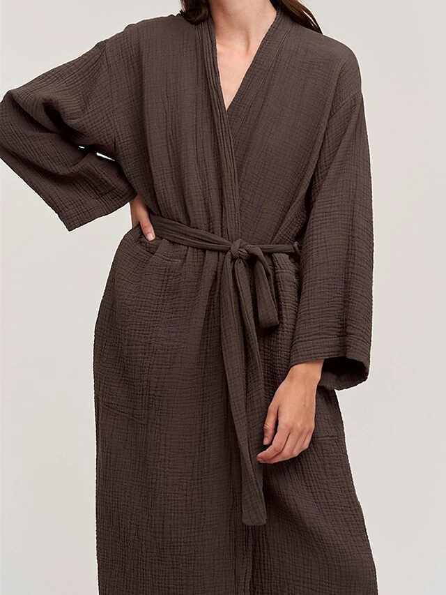 Women's Pajamas Bathrobe Robes Gown Pure Color Simple Casual Comfort Home Daily Bed Cotton Breathable V Wire Long Sleeve Pocket Summer Fall Orange Brown 7 Women's Pajamas Bathrobe Robes Gown Pure Color Simple Casual Comfort Home Daily Bed Cotton Breathable V Wire Long Sleeve Pocket Summer Fall Orange Brown - Image 5