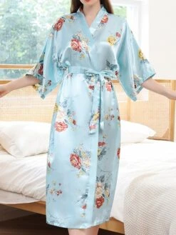 Women's Pajamas Robes Gown Bathrobes Nighty 1 PCS Flower Simple Comfort Kimono Robes Home Wedding Party Spa Satin Gift Long Sleeve Print Belt Included Spring Summer Blue Pink -Ladies Pajamas Store zkhsdf1644490239478