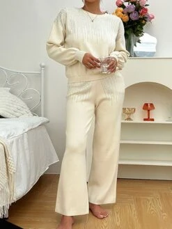 Women's Lounge Sets Pure Color Fashion Comfort Soft Home Daily Going Out Rayon Breathable Crew Neck Long Sleeve Sweater Pant Fall Winter Beige -Ladies Pajamas Store zmjijk1691566026165