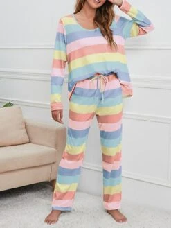 Women's Pajamas Nighty Pjs Sets 2 Pieces Rainbow Stripe Fashion Comfort Soft Home Daily Bed Cotton Breathable V Wire Long Sleeve T Shirt Tee Pant Spring Fall Yellow Blue 33 Women's Pajamas Nighty Pjs Sets 2 Pieces Rainbow Stripe Fashion Comfort Soft Home Daily Bed Cotton Breathable V Wire Long Sleeve T Shirt Tee Pant Spring Fall Yellow Blue -Ladies Pajamas Store zophcb1665214006020
