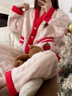Women's Pajamas Sets Fruit Fashion Casual Comfort Home Daily Bed Flannel Warm V Wire Long Sleeve Cardigan Pant Button Pocket Fall Winter Pink Red -Ladies Pajamas Store zpdtri1693295695013