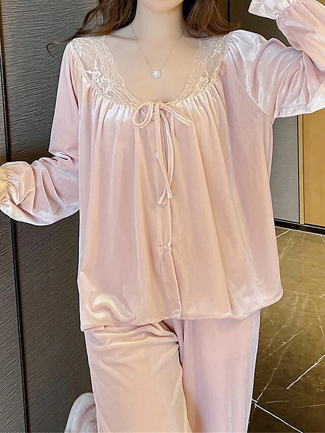 Women's Pajamas Sets Pure Color Casual Comfort Soft Home Bed Velvet Breathable Long Sleeve Shirt Pant Button Fall Winter Pink 6 Women's Pajamas Sets Pure Color Casual Comfort Soft Home Bed Velvet Breathable Long Sleeve Shirt Pant Button Fall Winter Pink - Image 4