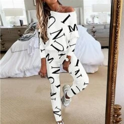 Women's Letter Print Lounge Sets Sweatsuit 2 PcsCrew Neck Long Sleeve Tops & Slim Pants Outfits Sport Comfort Home Street Vacation Polyester Off Shoulder Fall Winter S 2XL Black White