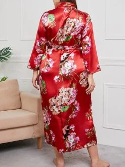 Women's Plus Size Pajamas Bathrobe Flower Simple Casual Comfort Home Bed Satin Breathable V Wire Long Sleeve Summer Spring Red Green -Ladies Pajamas Store ztvnxb1693986205603