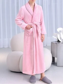 Couple‘s Flannel Bathrobe Pajamas Patchwork Warm Simple Plush Home Bed Warm Breathable V Wire Long Sleeve Pocket Fall Winter -Ladies Pajamas Store ztyknk1696232049717
