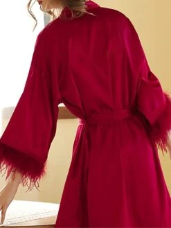 Women's Pajamas Robe Bathrobe Silk Robe Pure Color Fashion Comfort Soft Home Bed Wedding Party Xmas Satin Breathable V Wire Feather Fall Winter White Champagne -Ladies Pajamas Store zufeun1694742417502