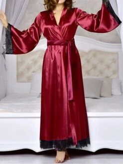 Women's Pajamas Robe Bathrobe Silk Robe Patchwork Fashion Comfort Soft Home Bed Wedding Party Xmas Satin Breathable V Wire Long Sleeve Fall Winter Black Wine