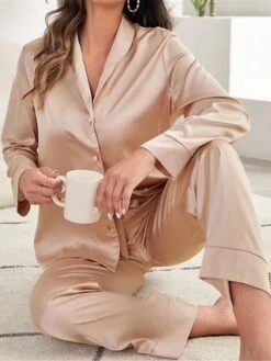 Women's Pajamas Sets Pure Color Fashion Casual Soft Wedding Party Satin Breathable Lapel Long Sleeve Shirt Pant Fall Winter Black Champagne